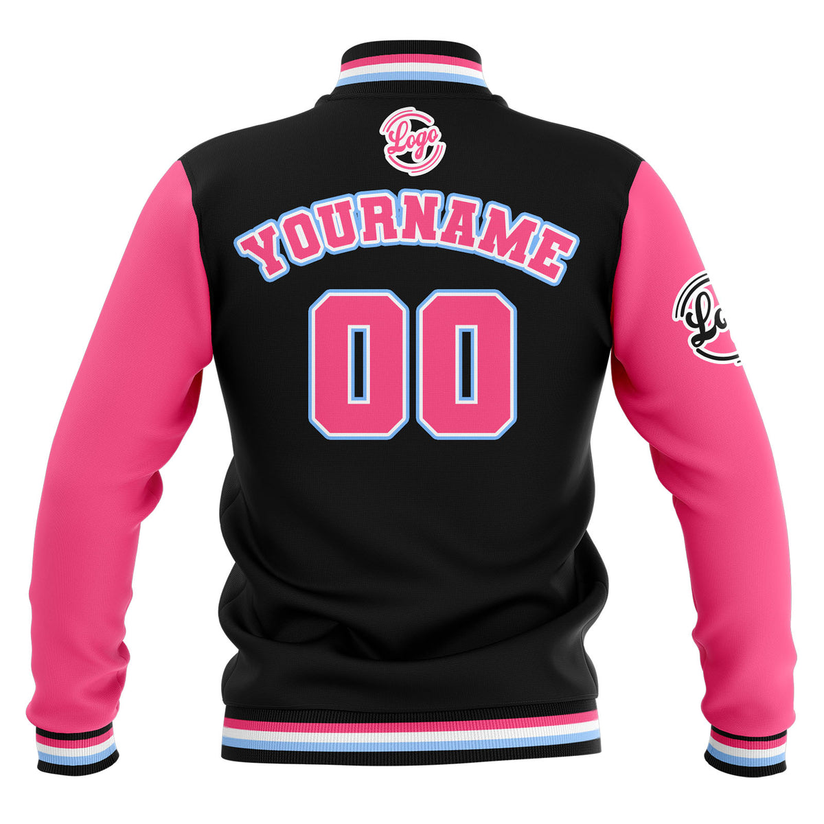 Custom Black Pink Light Blue Waterproof Varsity Jackets Personalized Stitched Name Number Logo to Letterman Jackets enthsush