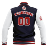 Custom Navy White Red Waterproof Varsity Jackets Personalized Stitched Name Number Logo to Letterman Jackets