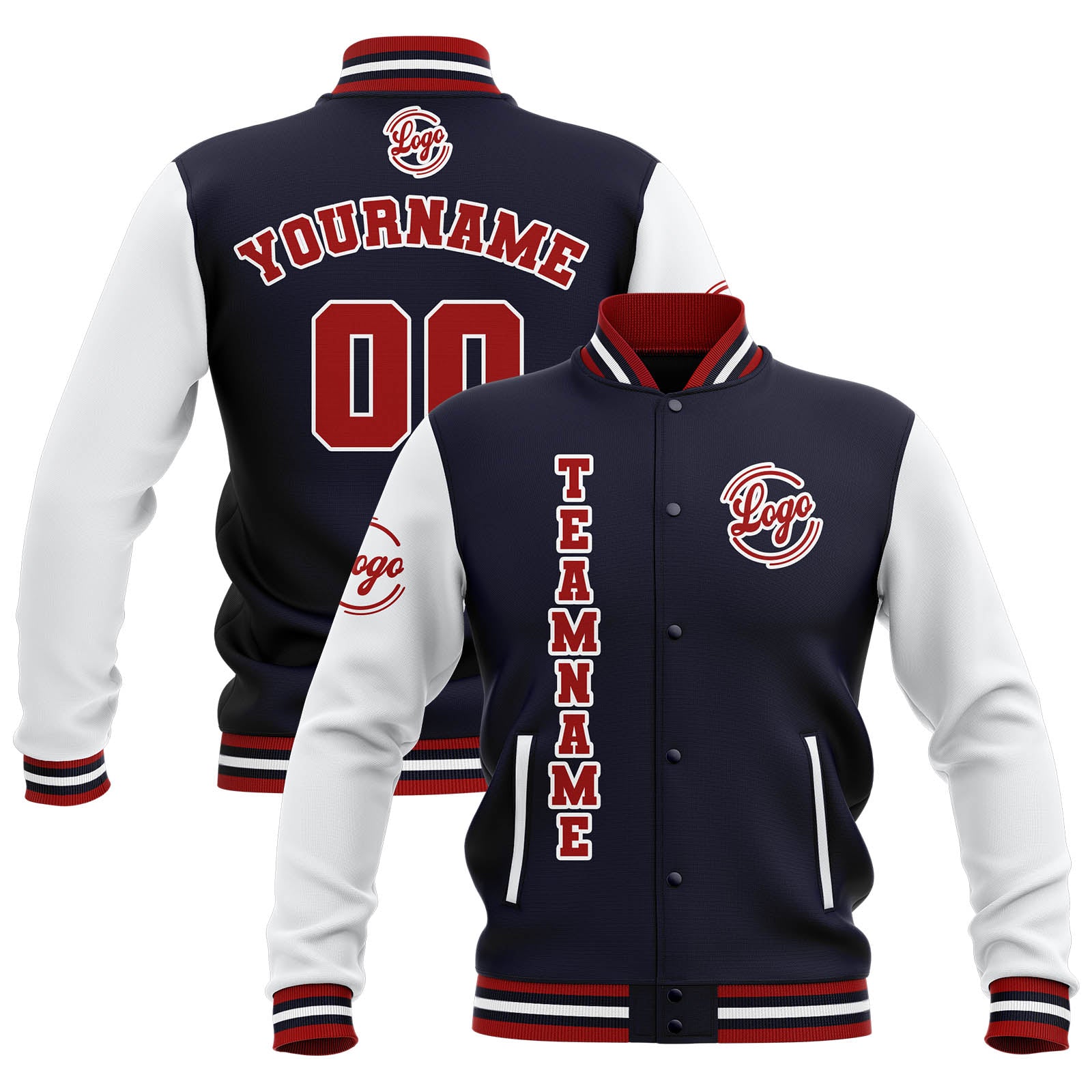 Custom Navy White Red Waterproof Varsity Jackets Personalized Stitched Name Number Logo to Letterman Jackets enthsush