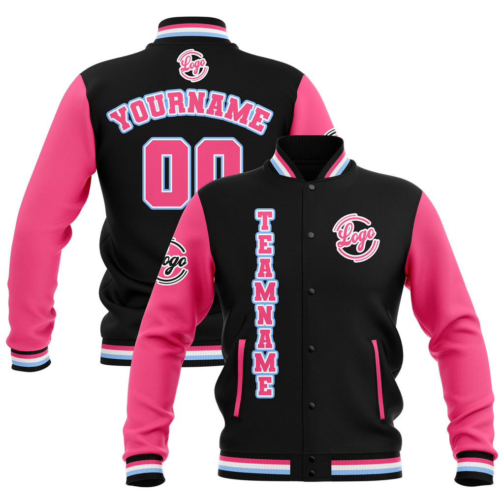 Custom Black Pink Light Blue Waterproof Varsity Jackets Personalized Stitched Name Number Logo to Letterman Jackets enthsush