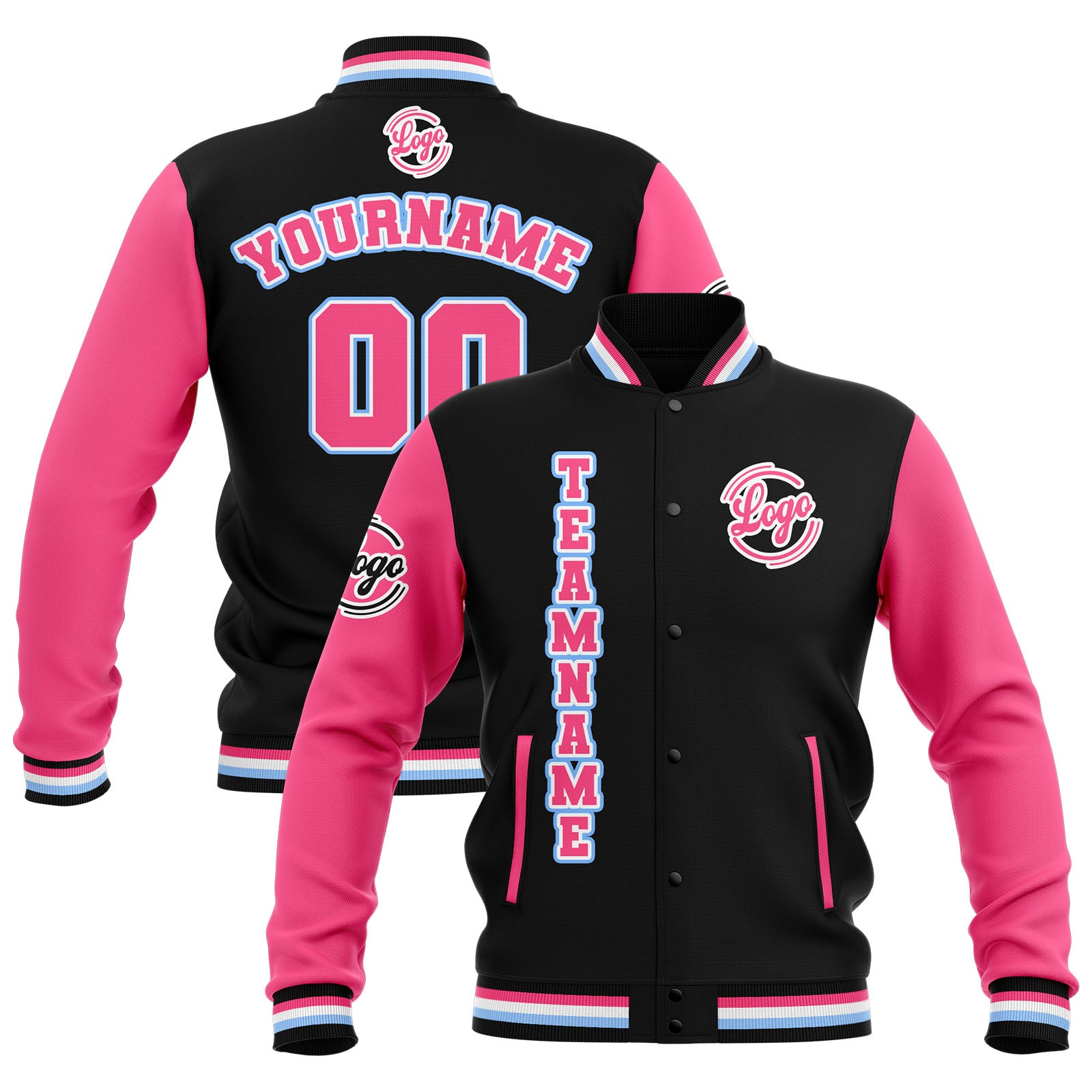 Custom Black Pink Light Blue Waterproof Varsity Jackets Personalized Stitched Name Number Logo to Letterman Jackets enthsush
