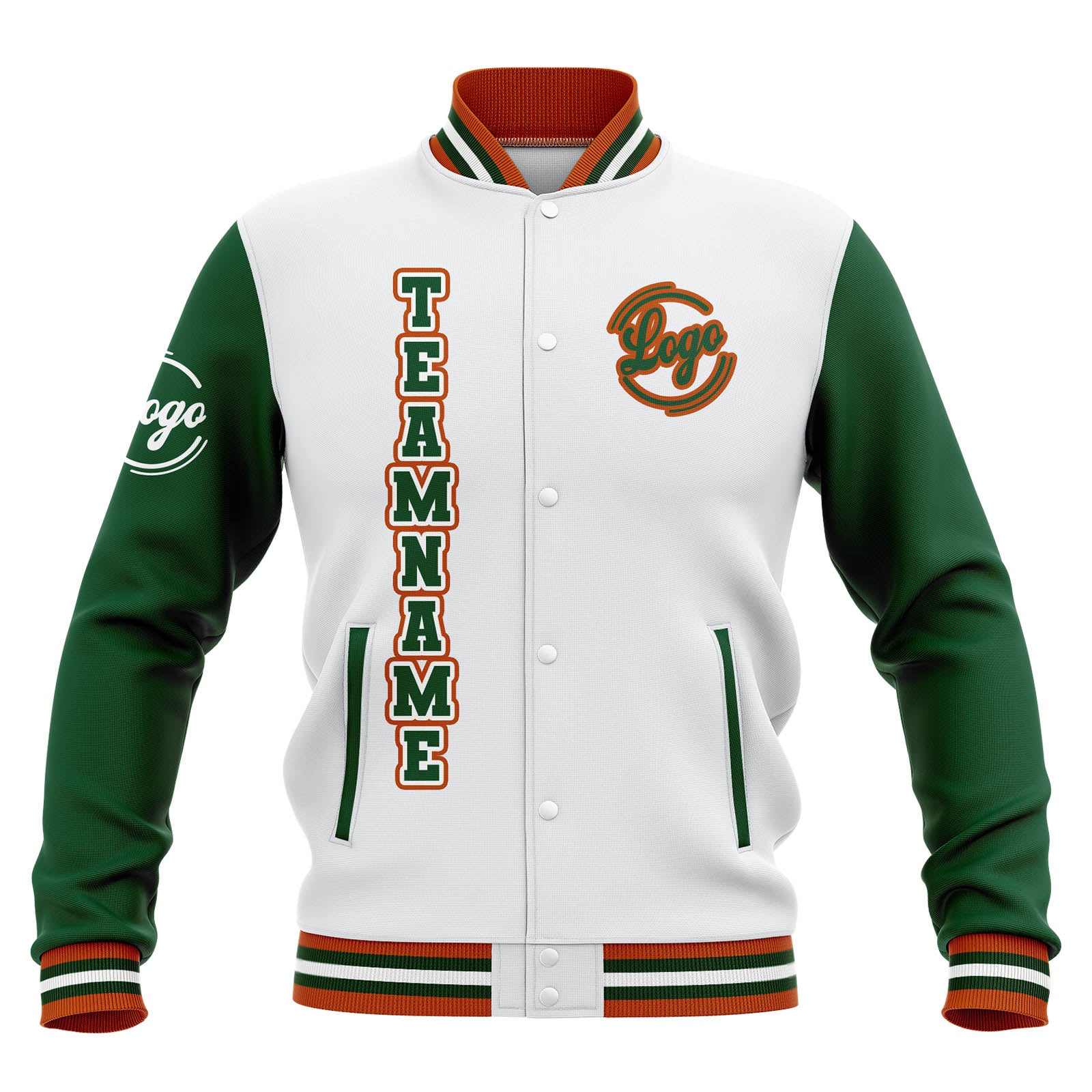 Custom White Green Orange Waterproof Varsity Jackets Personalized Stitched Name Number Logo to Letterman Jackets enthsush