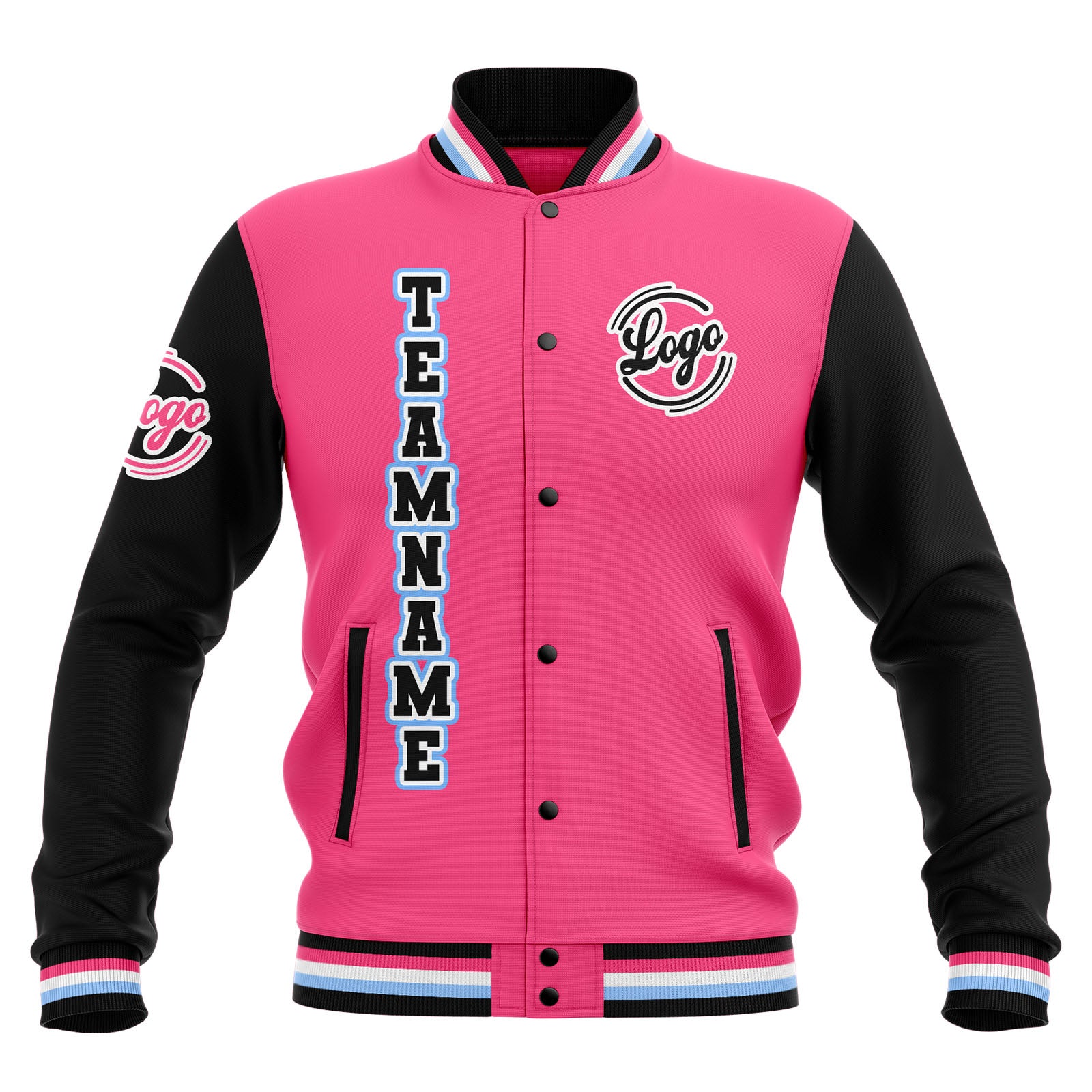 Custom Black Pink Light Blue Waterproof Varsity Jackets Personalized Stitched Name Number Logo to Letterman Jackets enthsush