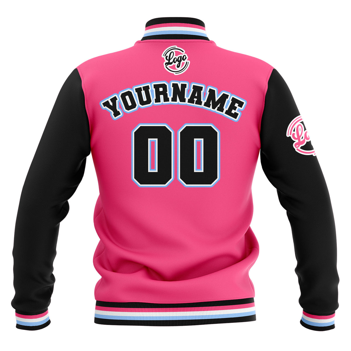 Custom Black Pink Light Blue Waterproof Varsity Jackets Personalized Stitched Name Number Logo to Letterman Jackets enthsush