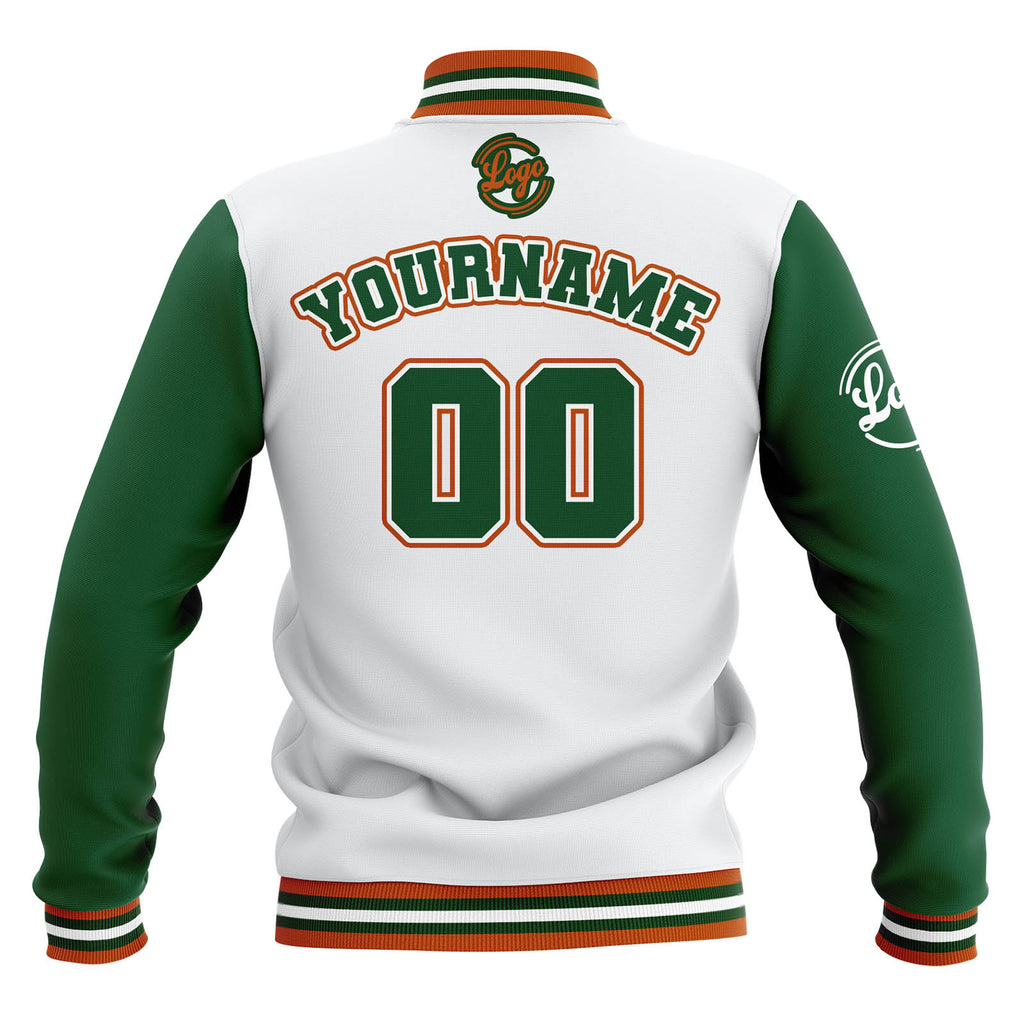 Custom White Green Orange Waterproof Varsity Jackets Personalized Stitched Name Number Logo to Letterman Jackets enthsush