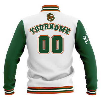 Custom White Green Orange Waterproof Varsity Jackets Personalized Stitched Name Number Logo to Letterman Jackets enthsush