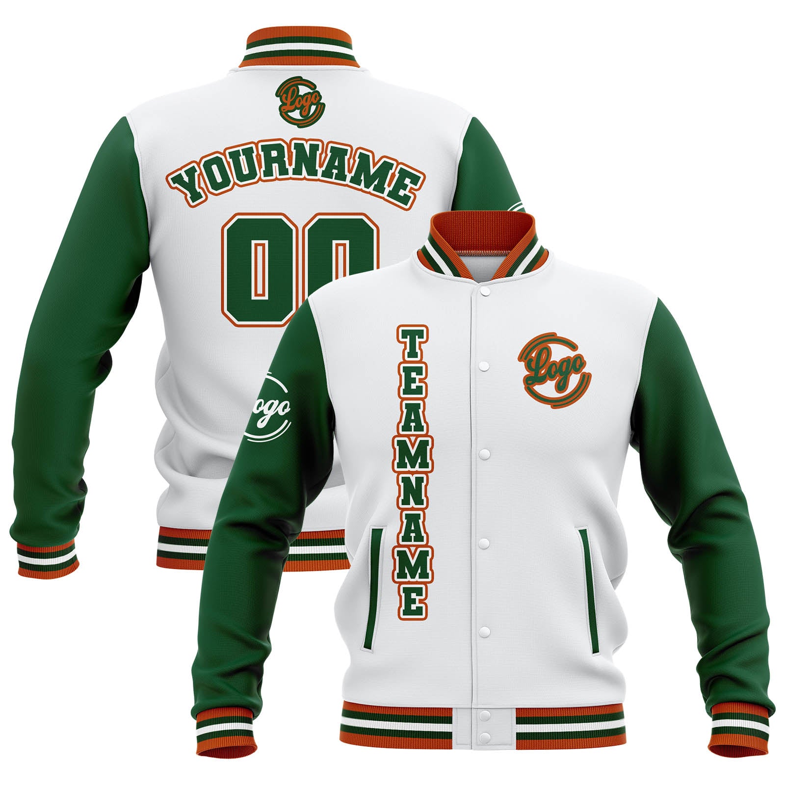 Custom White Green Orange Waterproof Varsity Jackets Personalized Stitched Name Number Logo to Letterman Jackets enthsush