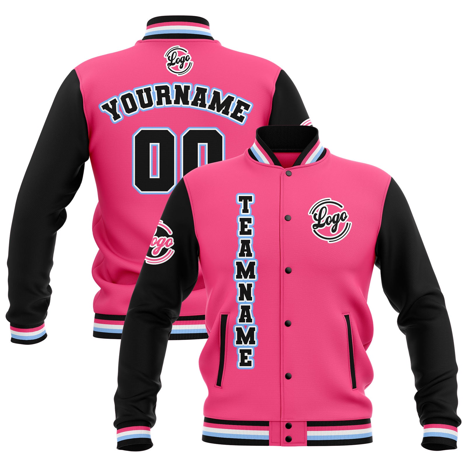 Custom Black Pink Light Blue Waterproof Varsity Jackets Personalized Stitched Name Number Logo to Letterman Jackets enthsush