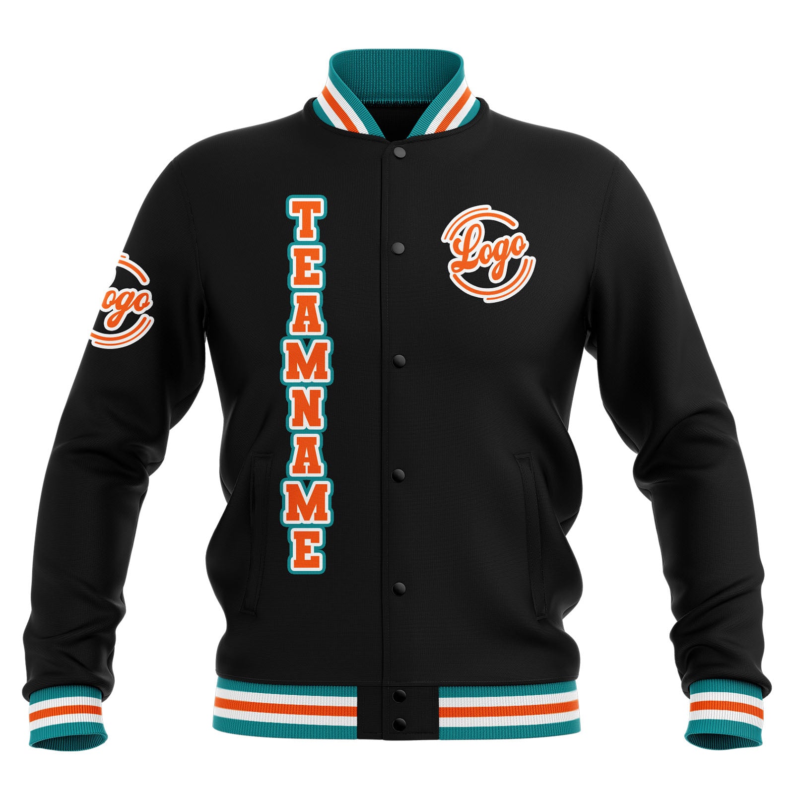 Custom Black Teal Orange Waterproof Varsity Jackets Personalized Stitched Name Number Logo to Letterman Jackets enthsush