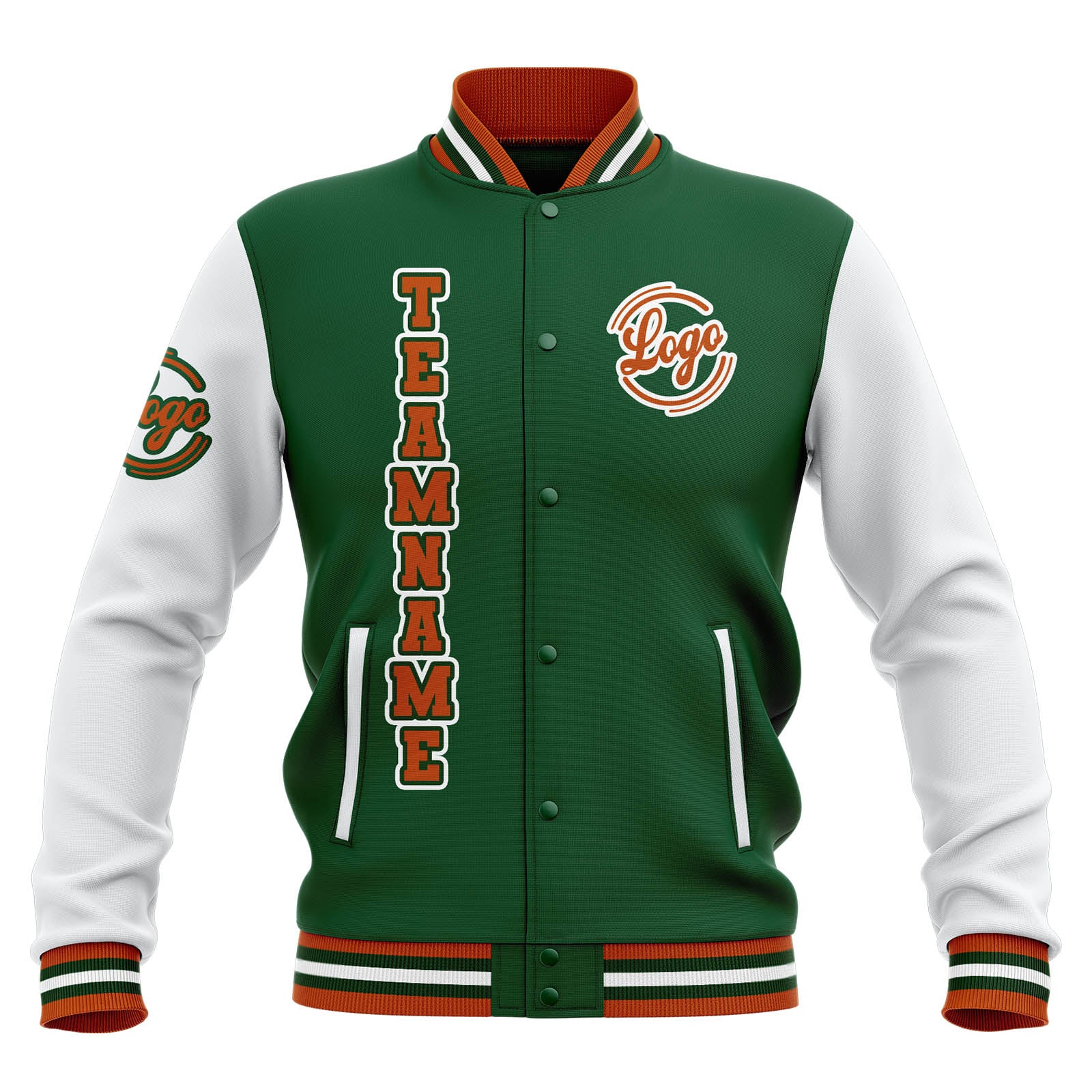 Custom Green White Orange Waterproof Varsity Jackets Personalized Stitched Name Number Logo to Letterman Jackets enthsush