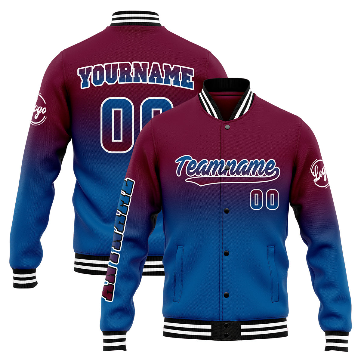 Custom Gradient Varsity Jacket Letterman jacket for Men, Women and Youth Burgundy&Blue enthsush