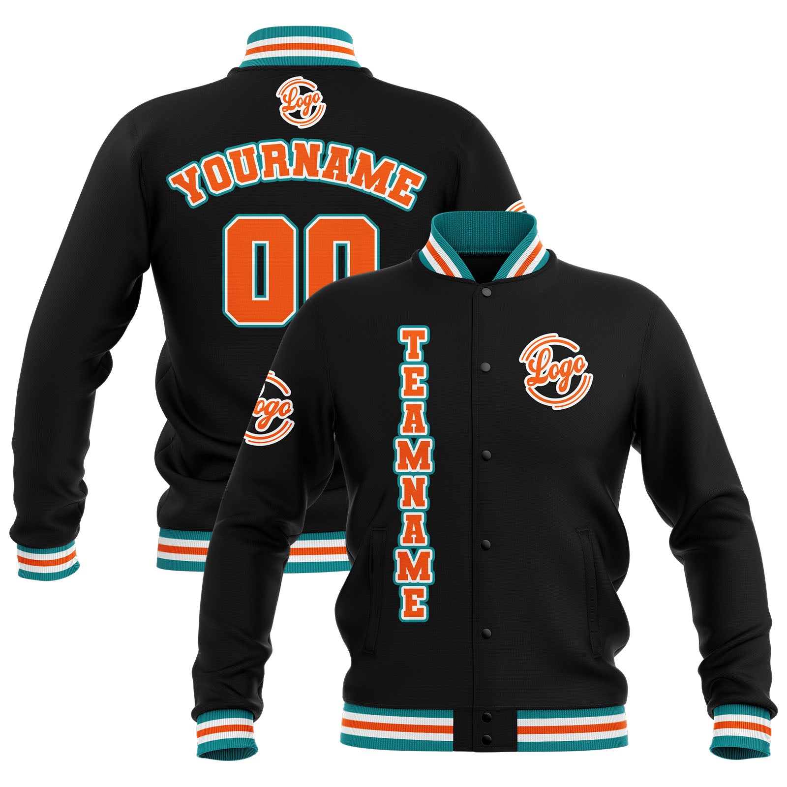 Custom Black Teal Orange Waterproof Varsity Jackets Personalized Stitched Name Number Logo to Letterman Jackets enthsush