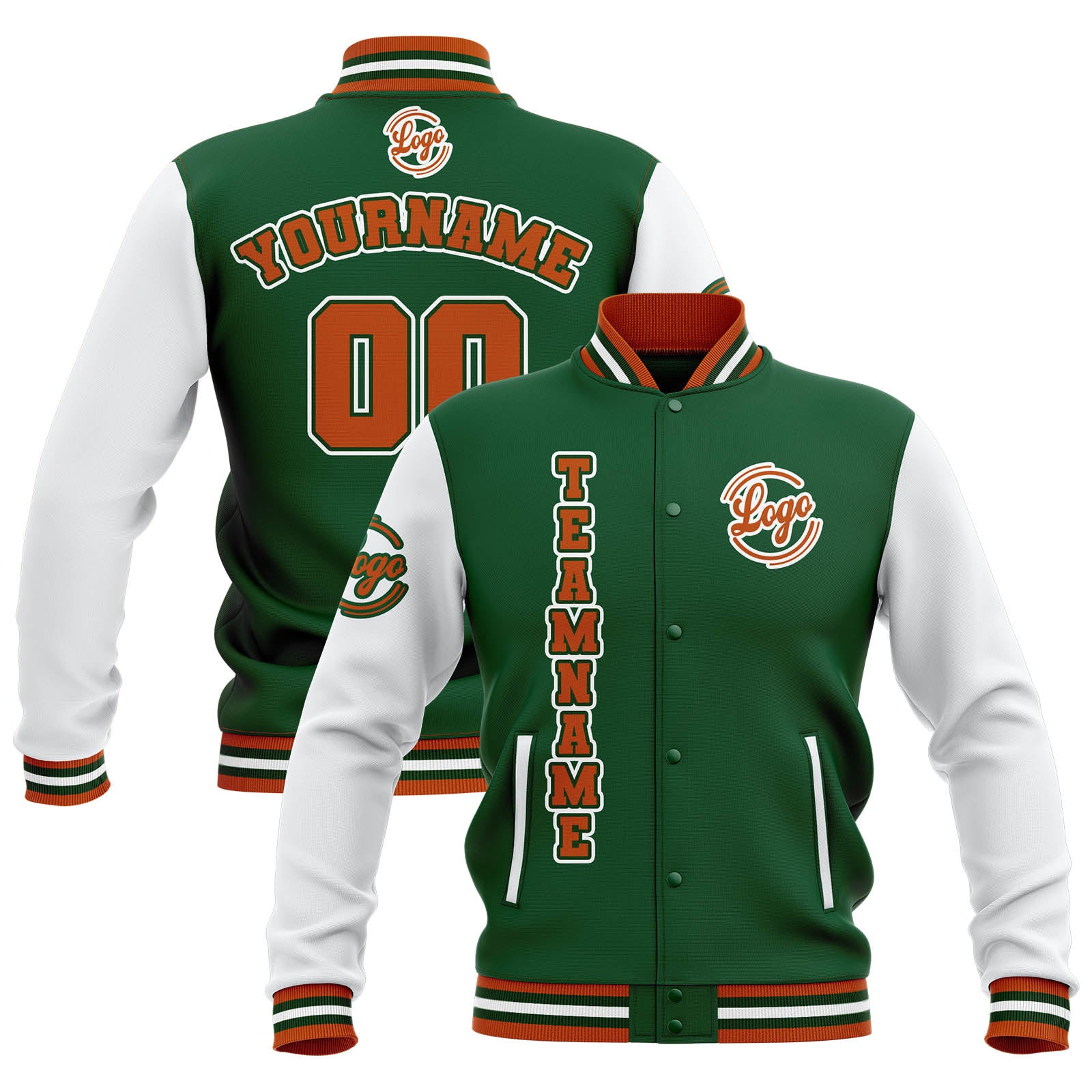 Custom Green White Orange Waterproof Varsity Jackets Personalized Stitched Name Number Logo to Letterman Jackets enthsush