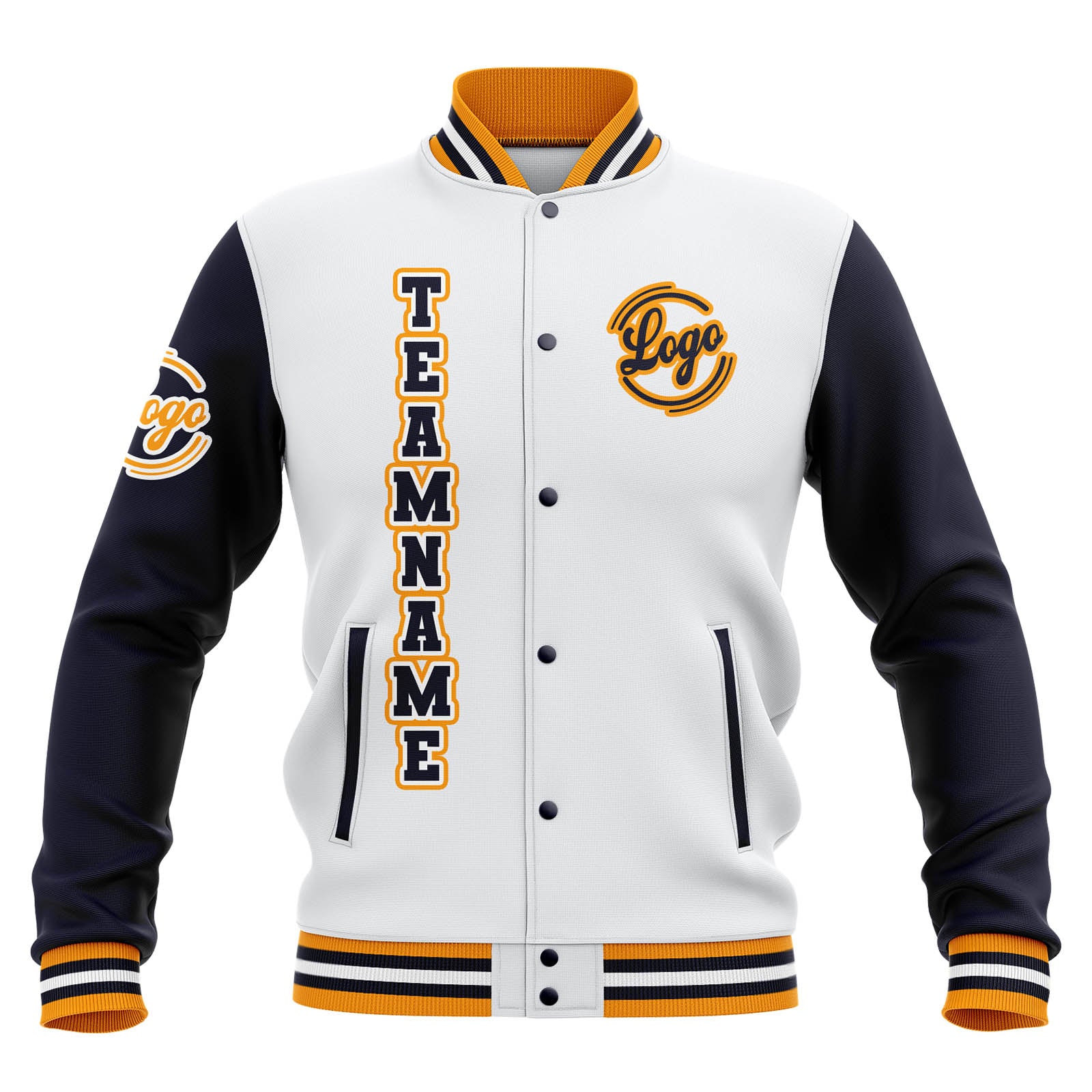 Custom White Navy Yellow Waterproof Varsity Jackets Personalized Stitched Name Number Logo to Letterman Jackets enthsush
