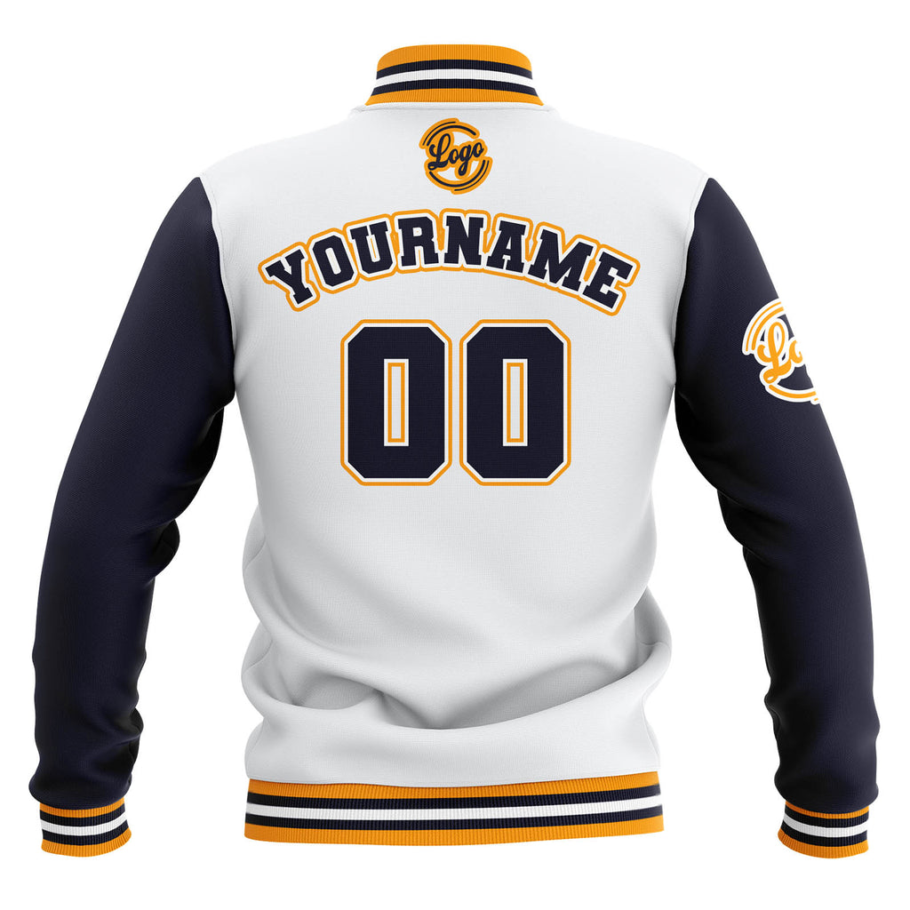 Custom White Navy Yellow Waterproof Varsity Jackets Personalized Stitched Name Number Logo to Letterman Jackets enthsush