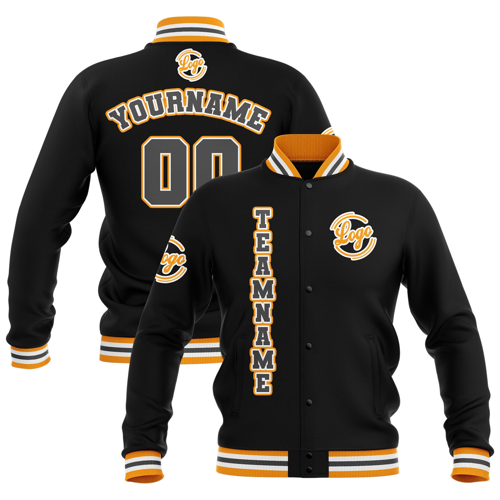 Custom Black Yellow Grey Waterproof Varsity Jackets Personalized Stitched Name Number Logo to Letterman Jackets enthsush