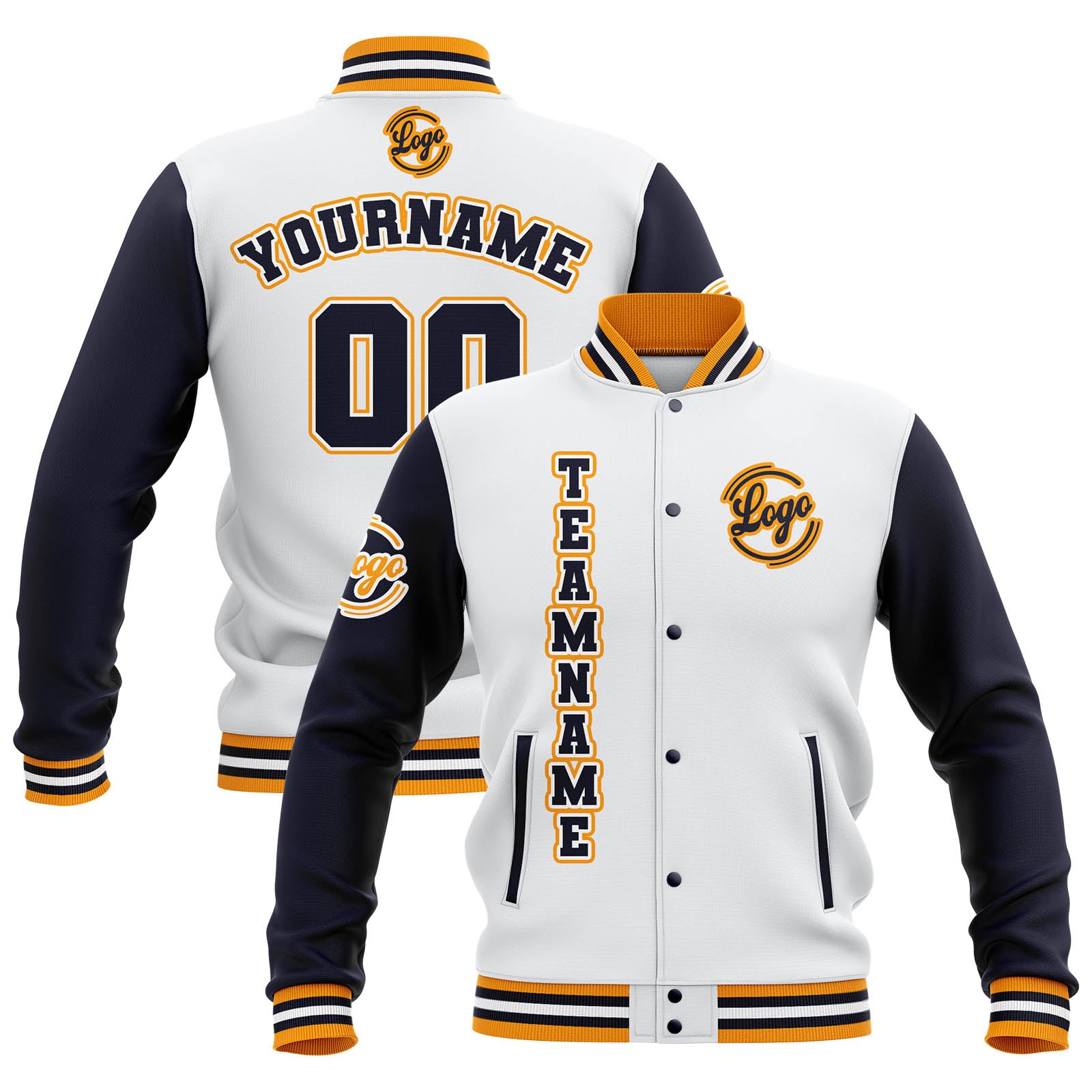 Custom White Navy Yellow Waterproof Varsity Jackets Personalized Stitched Name Number Logo to Letterman Jackets enthsush