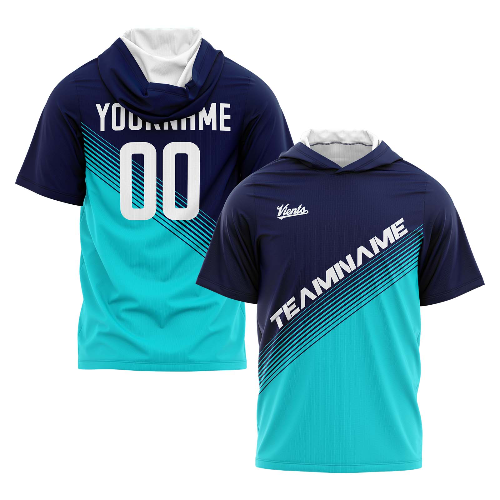 Custom Navy Teal Short Sleeve Hoodies for Men Women Shirts with Hoods Printed Name Logo enthsush