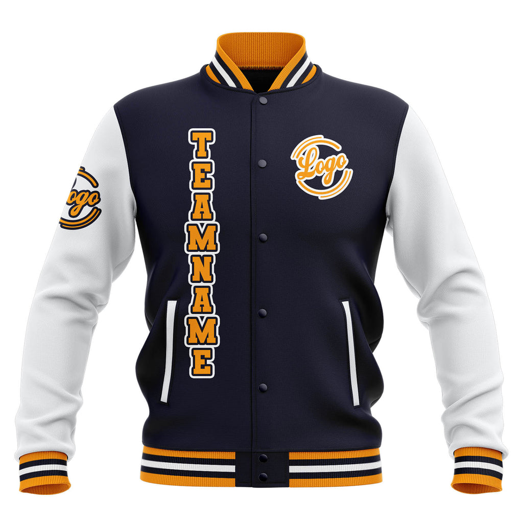 Custom Navy White Yellow Waterproof Varsity Jackets Personalized Stitched Name Number Logo to Letterman Jackets enthsush