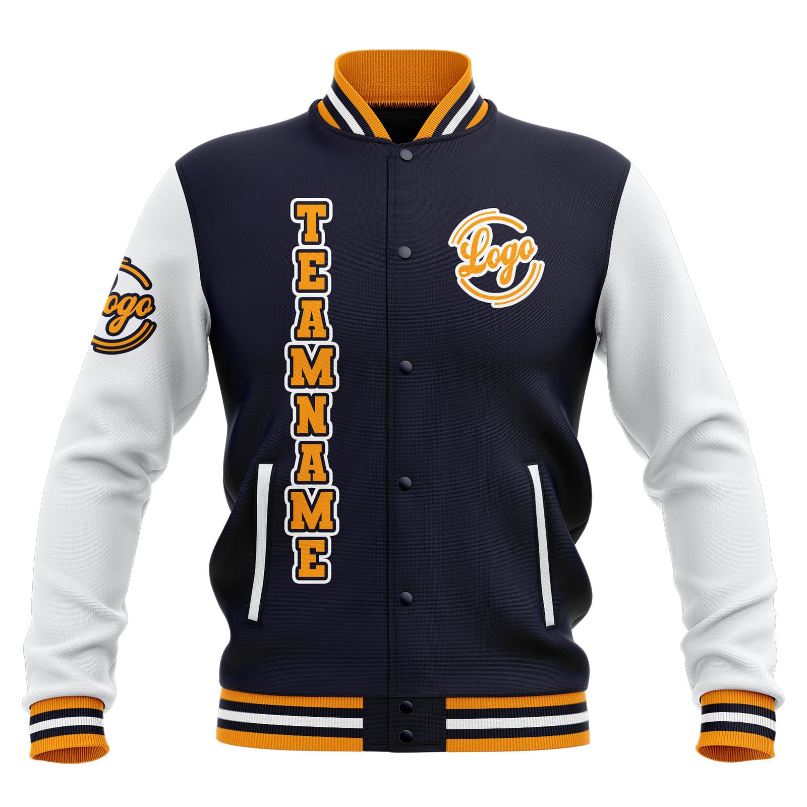 Custom Navy White Yellow Waterproof Varsity Jackets Personalized Stitched Name Number Logo to Letterman Jackets enthsush