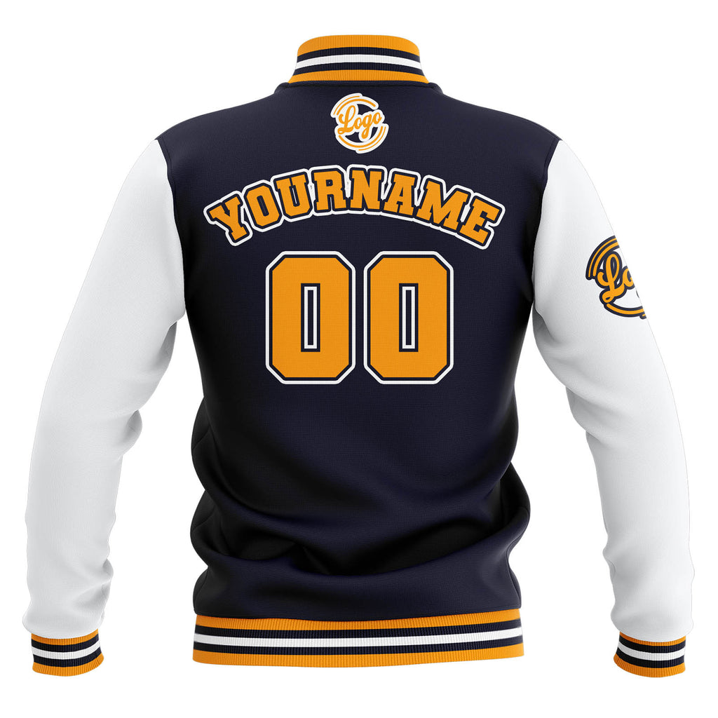 Custom Navy White Yellow Waterproof Varsity Jackets Personalized Stitched Name Number Logo to Letterman Jackets enthsush