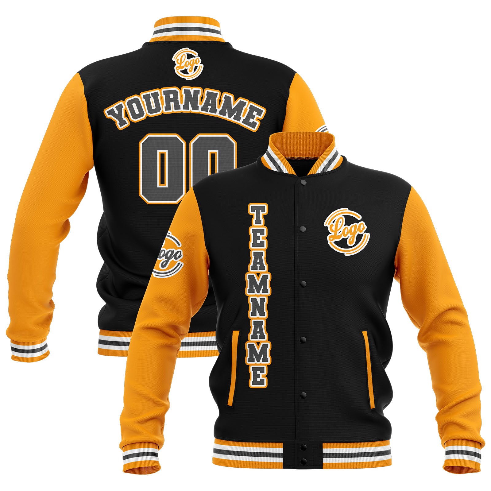 Custom Black Yellow Grey Waterproof Varsity Jackets Personalized Stitched Name Number Logo to Letterman Jackets enthsush
