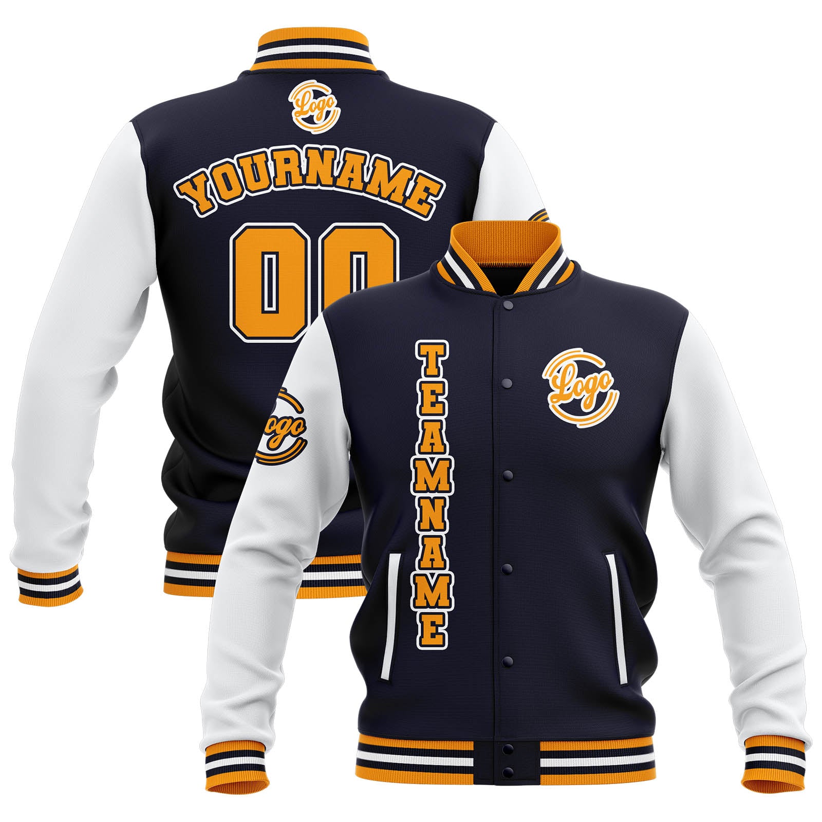 Custom Navy White Yellow Waterproof Varsity Jackets Personalized Stitched Name Number Logo to Letterman Jackets enthsush