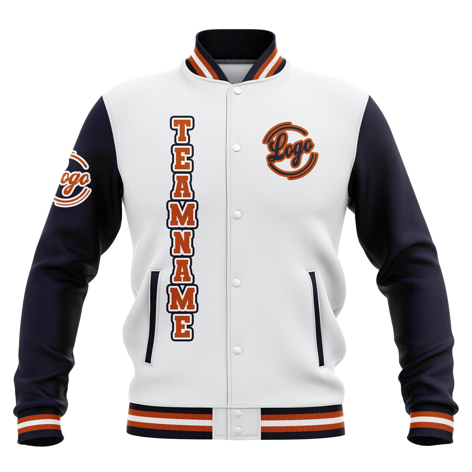 Custom White Navy Orange Waterproof Varsity Jackets Personalized Stitched Name Number Logo to Letterman Jackets enthsush
