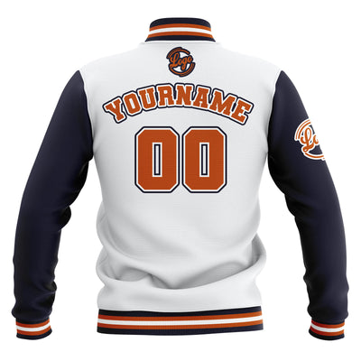 Custom White Navy Orange Waterproof Varsity Jackets Personalized Stitched Name Number Logo to Letterman Jackets enthsush