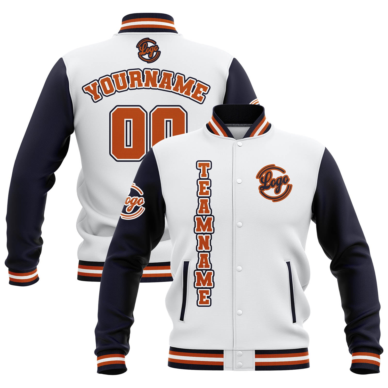 Custom White Navy Orange Waterproof Varsity Jackets Personalized Stitched Name Number Logo to Letterman Jackets enthsush