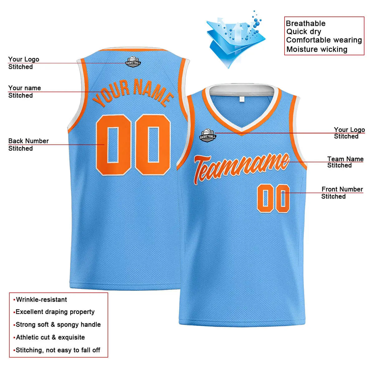 Custom Stitched Basketball Jersey for Men, Women  And Kids Light Blue-Orange-White enthsush