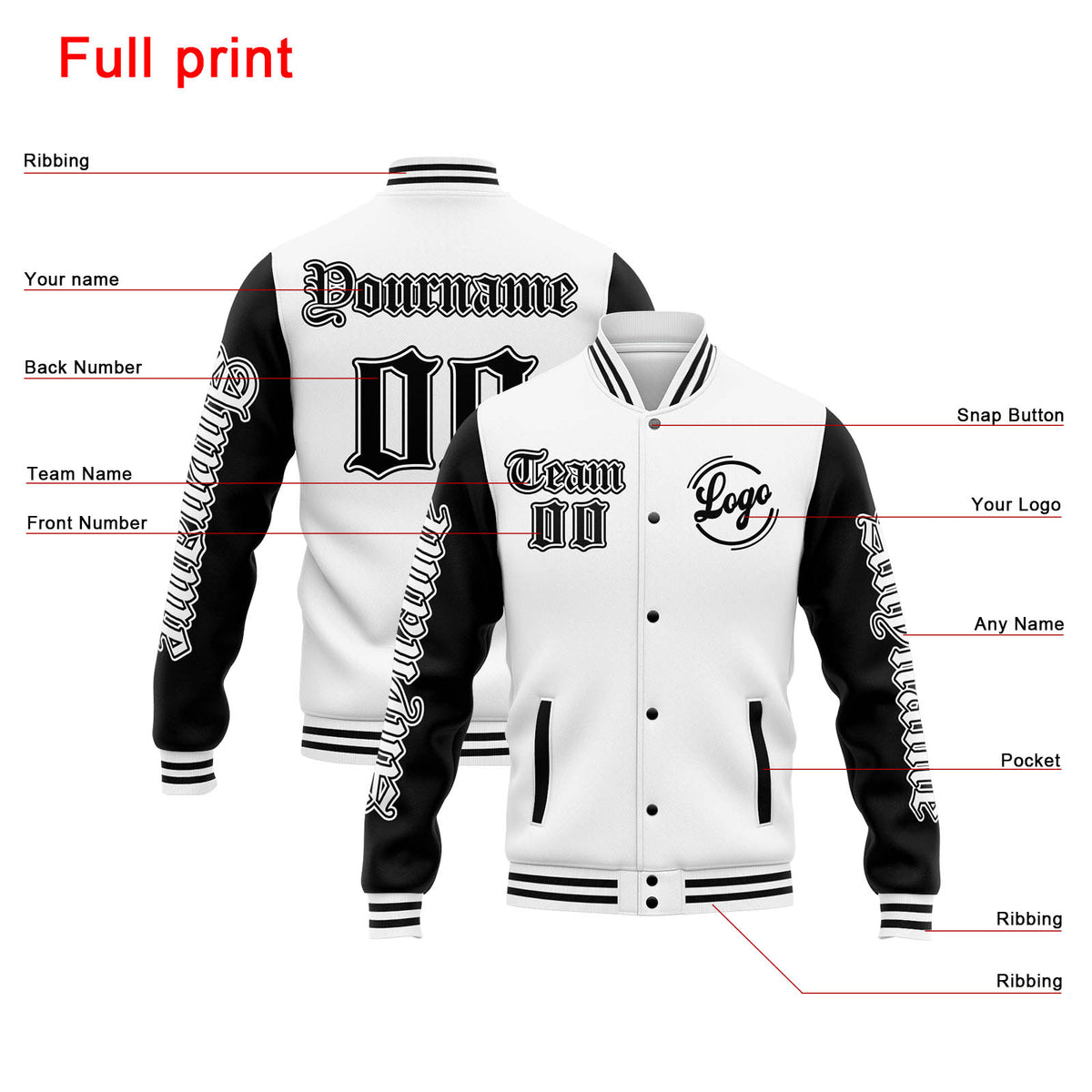 Custom Varsity Jacket Letterman jacket for Men, Women and Youth White Black enthsush