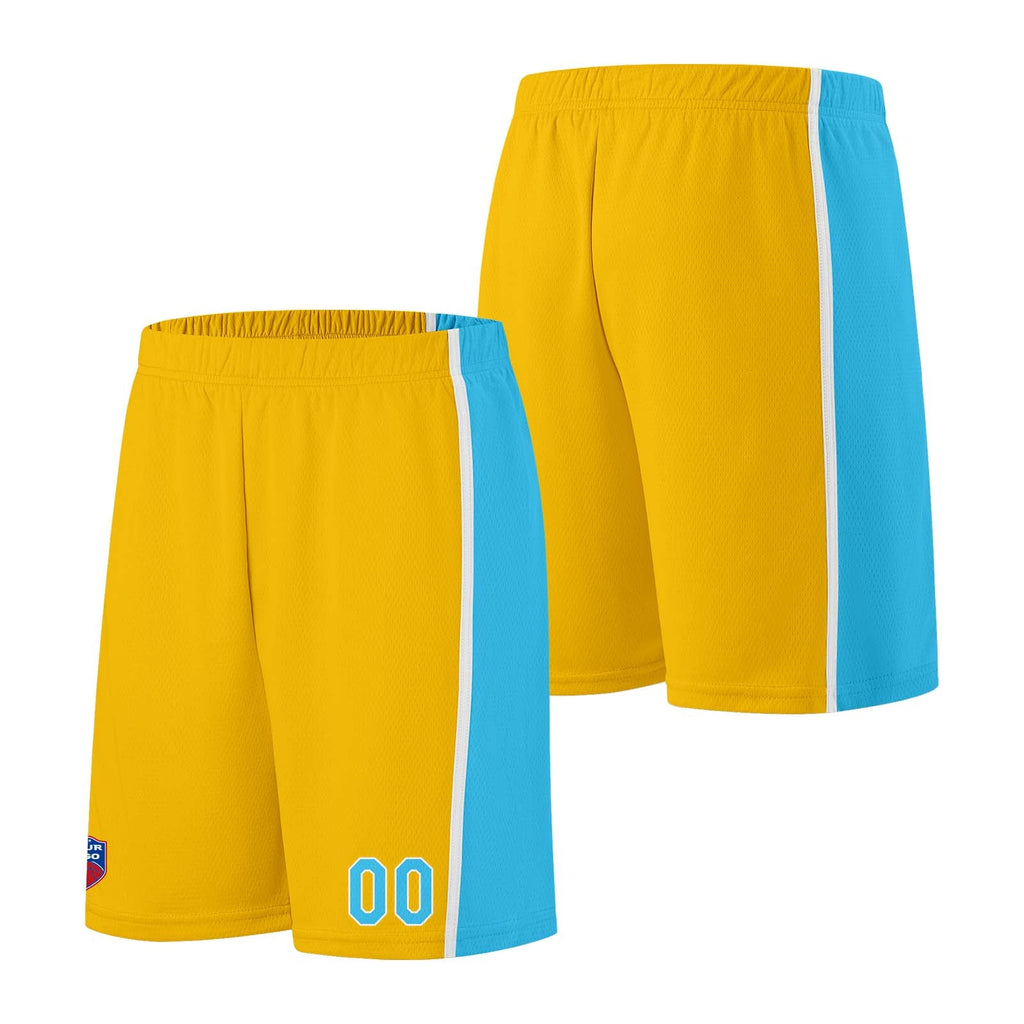 Custom basketball jersey shorts for men and women. Embroidered and printed name, number and logo Yellow&Light Blue enthsush