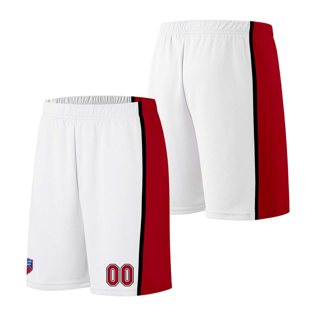 Custom basketball jersey shorts for men and women. Embroidered and printed name, number and logo White&Red enthsush