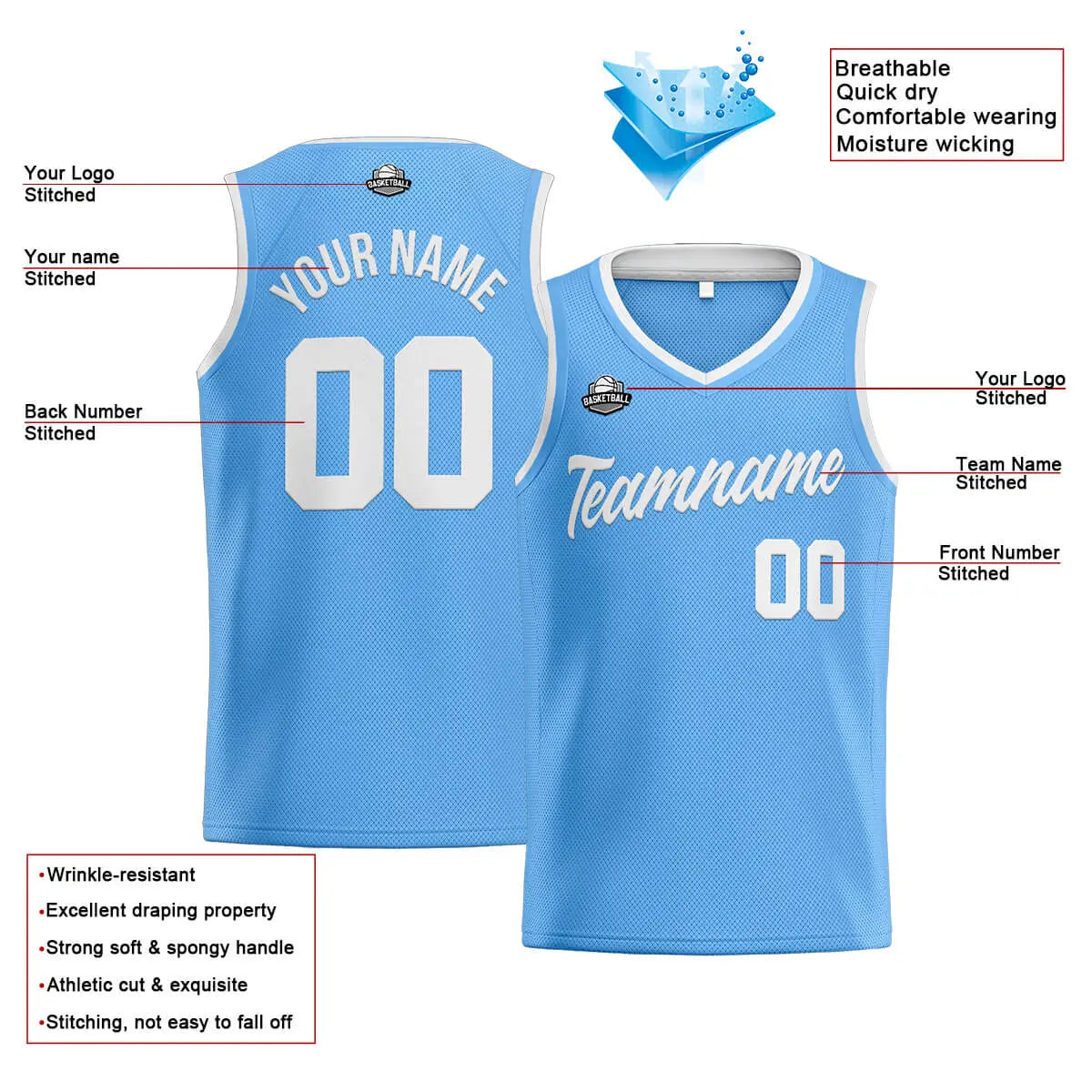 Custom Stitched Basketball Jersey for Men, Women  And Kids Light Blue-White enthsush