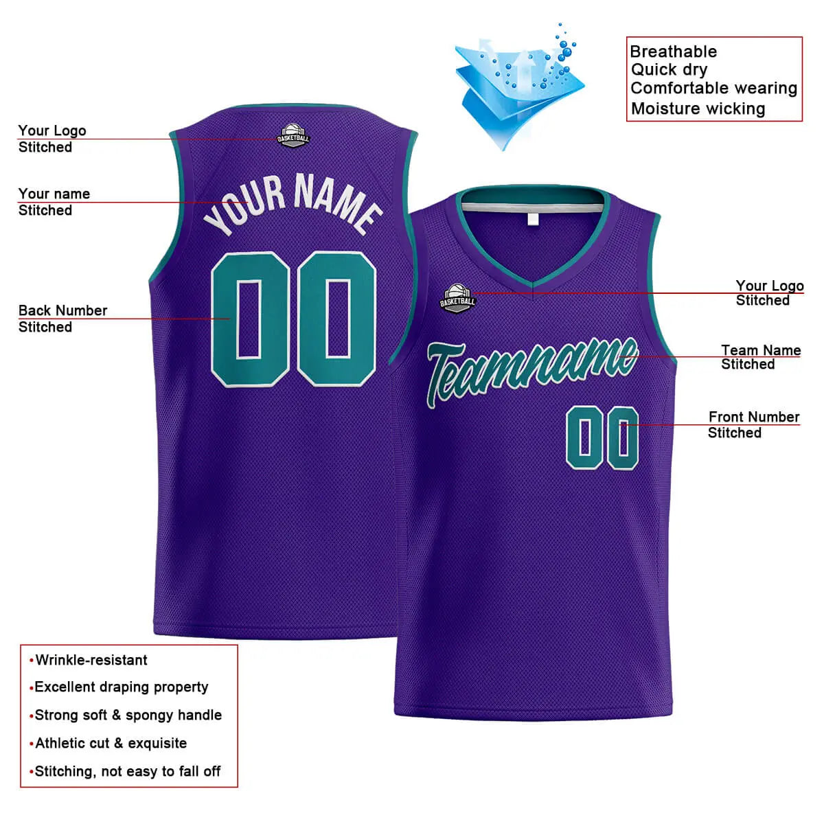 Custom Stitched Basketball Jersey for Men, Women  And Kids Purple-Teal enthsush