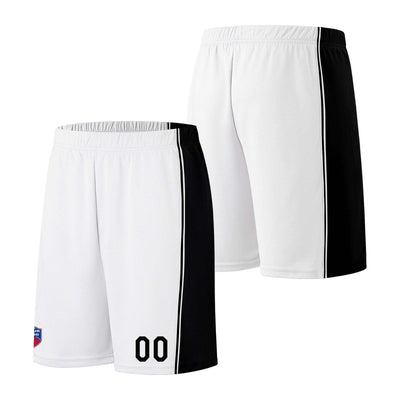 Custom basketball jersey shorts for men and women. Embroidered and printed name, number and logo White enthsush