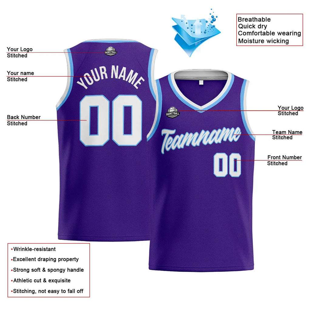 Custom Stitched Basketball Jersey for Men, Women  And Kids Purple-White-Light Blue enthsush