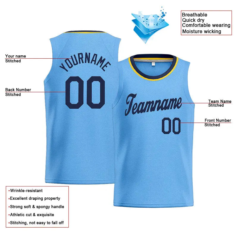 Custom Stitched Basketball Jersey for Men, Women And Kids Light Blue-Navy-Yellow enthsush