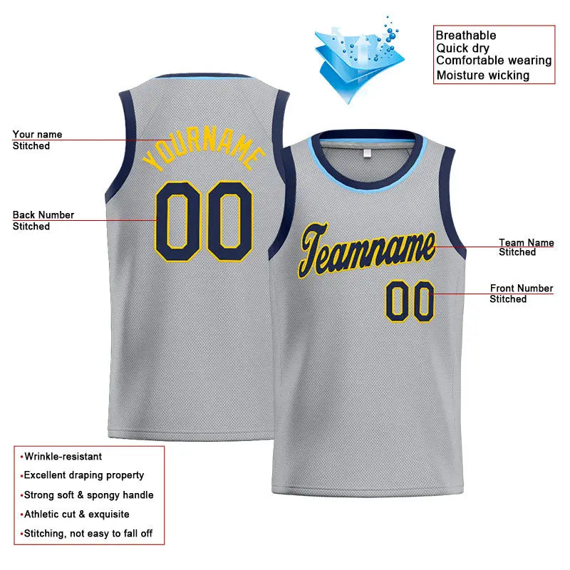 Custom Stitched Basketball Jersey for Men, Women And Kids Gray-Navy-Yellow enthsush