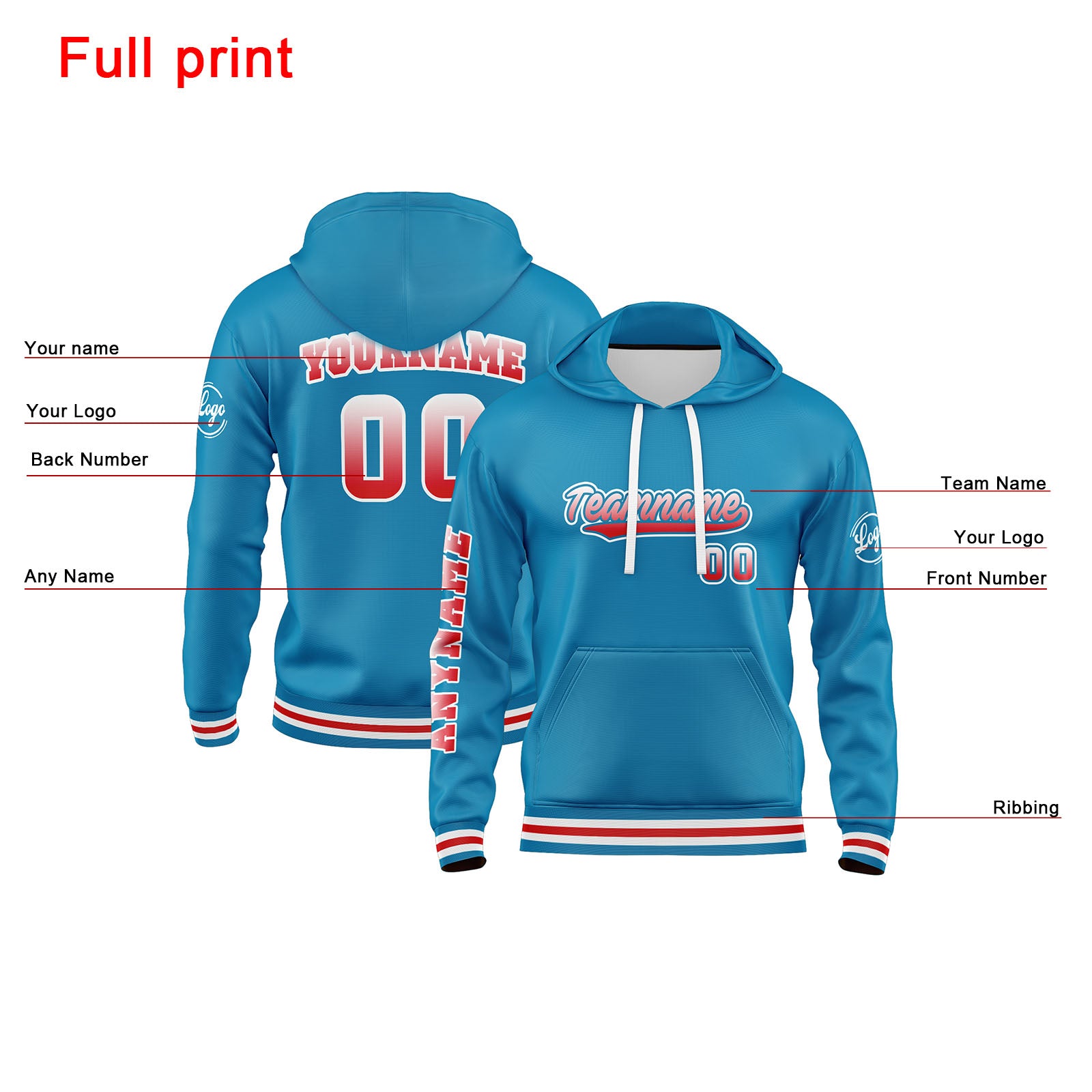 Custom Blue Red Sweatshirt Hoodie For Men Women Girl Boy Print Your Logo Name Number enthsush