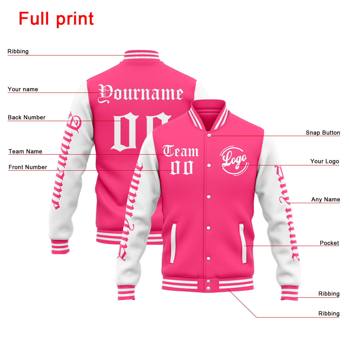 Custom Varsity Jacket Letterman jacket for Men, Women and Youth Pink White enthsush