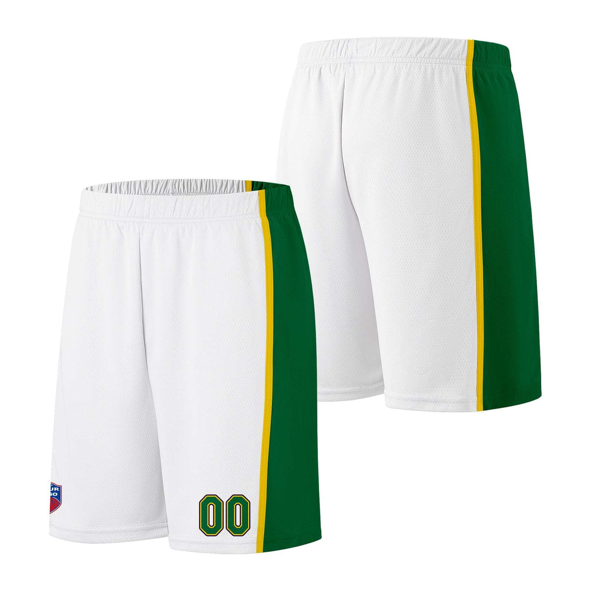 Custom basketball jersey shorts for men and women. Embroidered and printed name, number and logo White&Green&Yellow&Purple enthsush