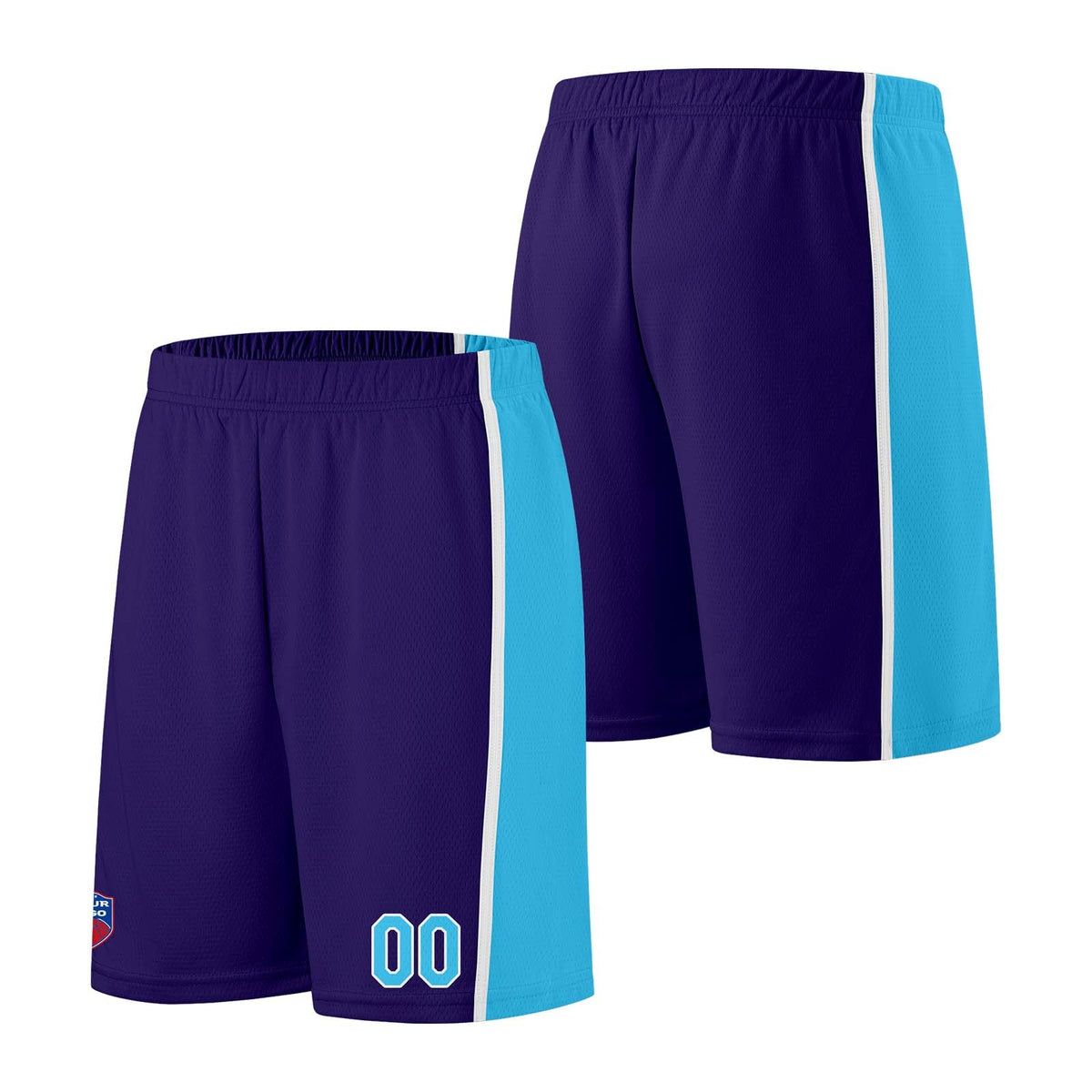 Custom basketball jersey shorts for men and women. Embroidered and printed name, number and logo Purple&Light Blue enthsush