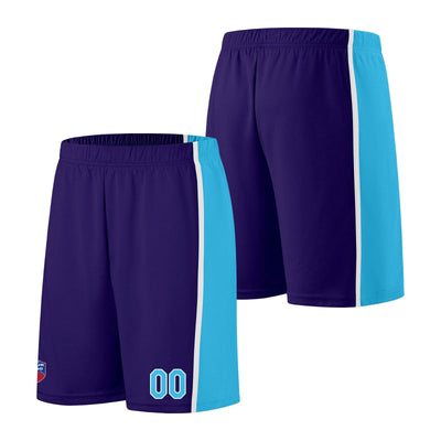 Custom basketball jersey shorts for men and women. Embroidered and printed name, number and logo Purple&Light Blue enthsush