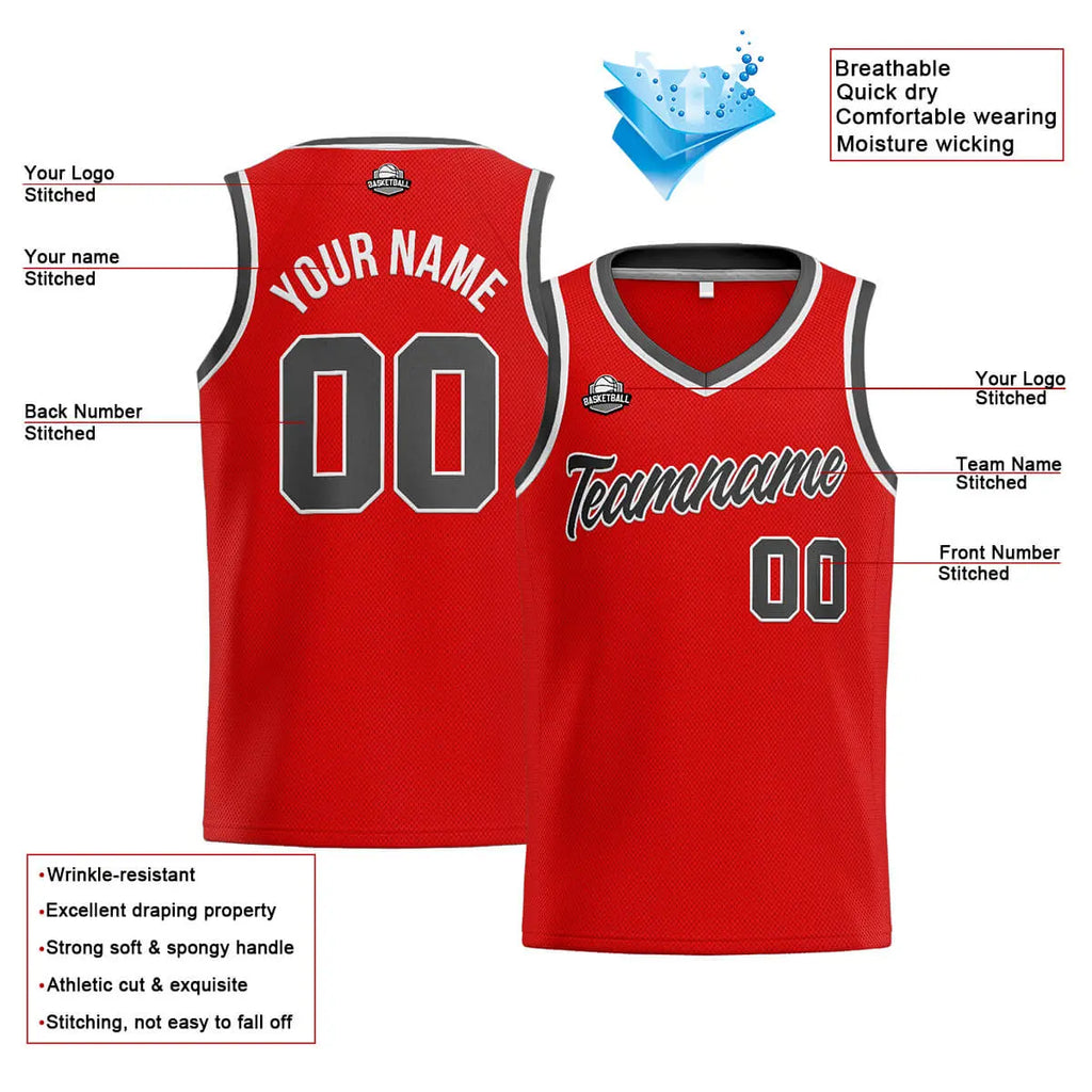 Custom Stitched Basketball Jersey for Men, Women  And Kids Red-Dark Gray enthsush