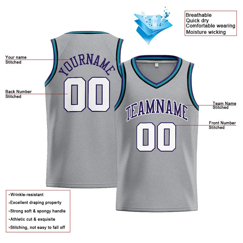Custom Stitched Basketball Jersey for Men, Women And Kids Gray-Purple-White enthsush
