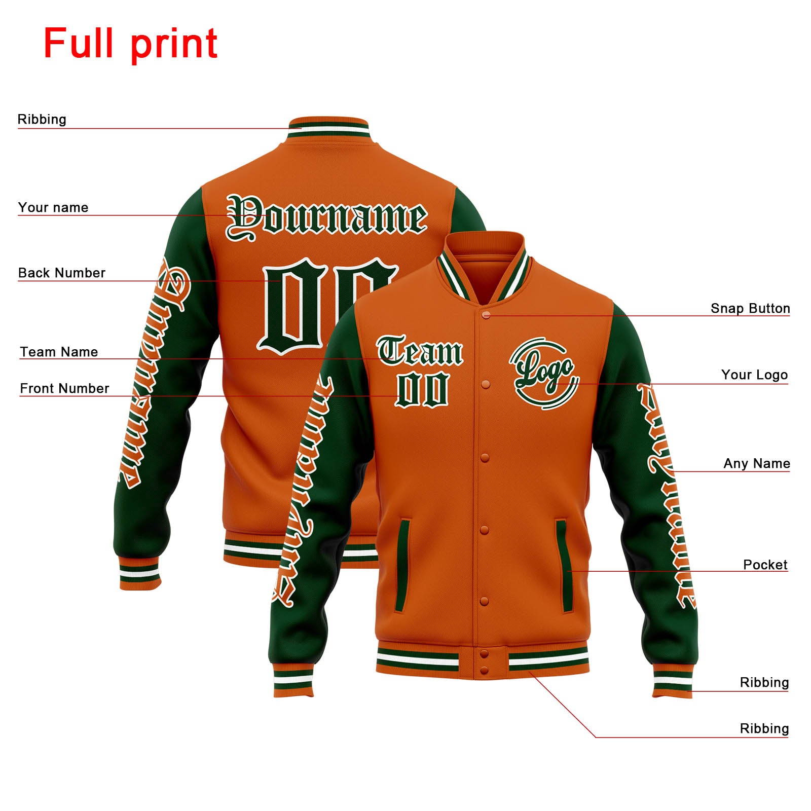Custom Varsity Jacket Letterman jacket for Men, Women and Youth Orange Dark Green enthsush