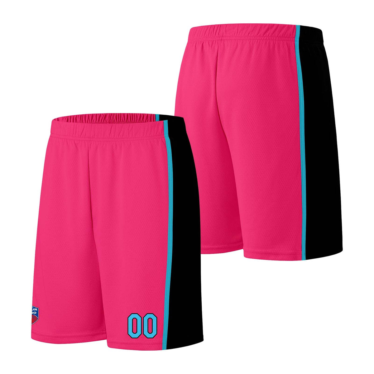 Custom basketball jersey shorts for men and women. Embroidered and printed name, number and logo Pink&Black&Light Blue enthsush