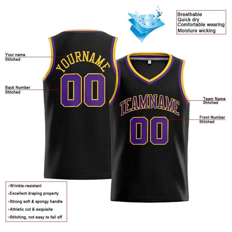 Custom Stitched Basketball Jersey for Men, Women And Kids Black-Purple-Yellow enthsush